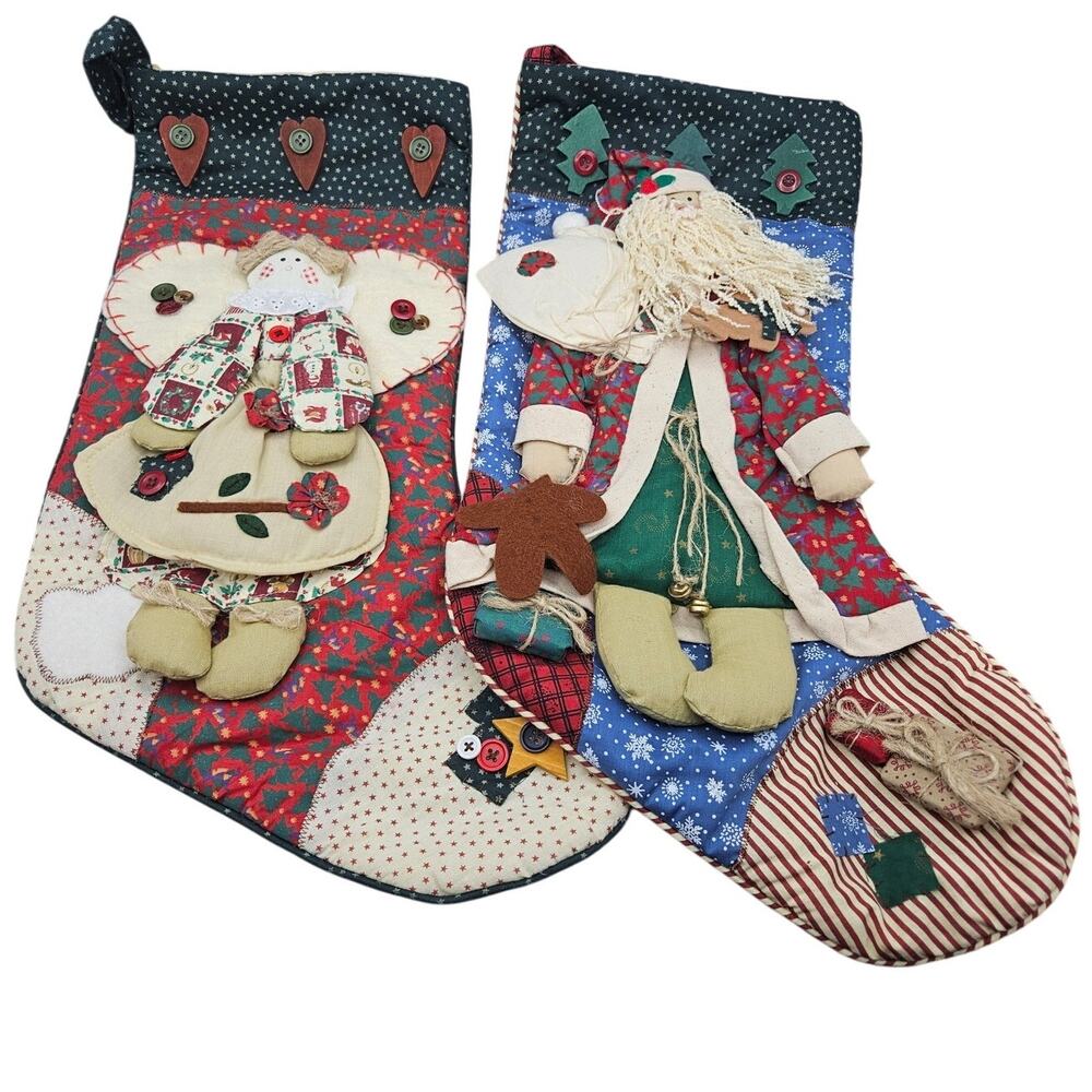 Vintage 3D Santa and Angel Christmas Stockings Primitive Folk Art Patchwork